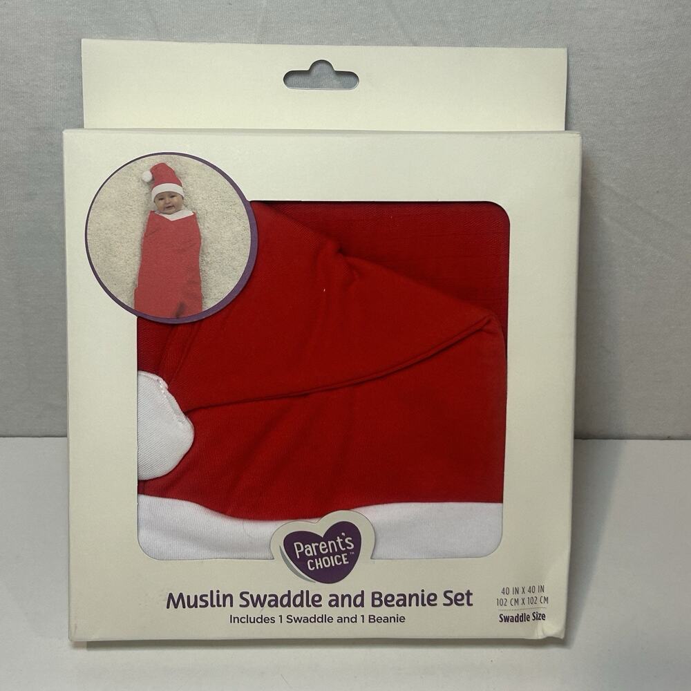 Parents Choice Muslin Swaddle and Beanie Red Cotton Santa Set For Babies
